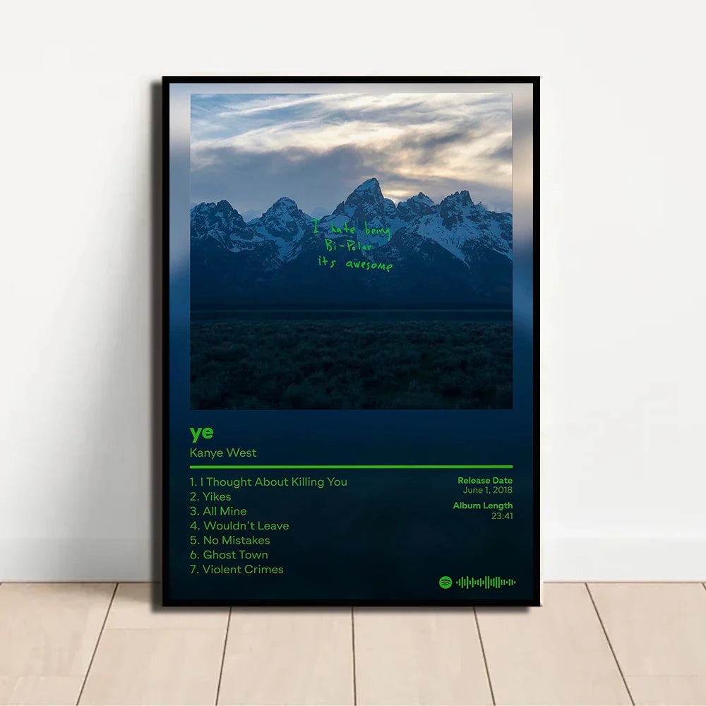 Rap Singer Kanye West Art Poster, Pop Music Album Cover High-Definition Printed Canvas Painting, Home Wall Decoration, Frameless