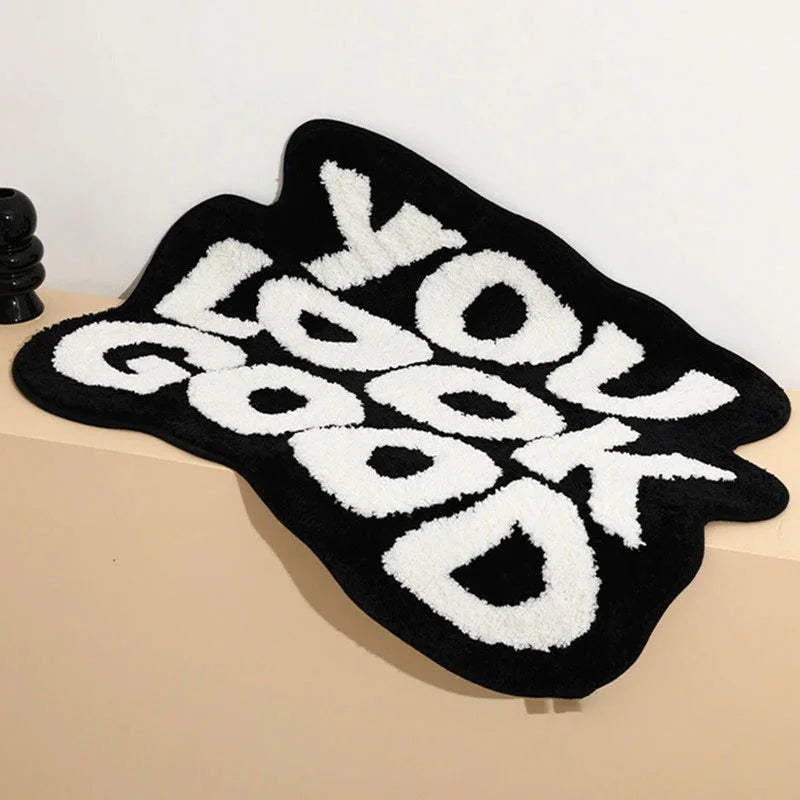 Fluffy Tufted Letter Floor Mat You Look Good Area Carpet Antislip Korean Irregular Lounge Rug Bedroom Chair Foot Pad Decor