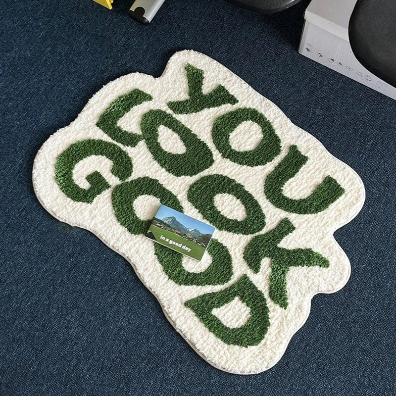 Fluffy Tufted Letter Floor Mat You Look Good Area Carpet Antislip Korean Irregular Lounge Rug Bedroom Chair Foot Pad Decor